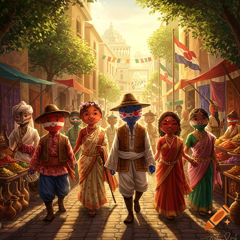 Colorful illustration of diverse, flag-faced cartoon characters representing different countries walking through a bustling, sunny marketplace with stalls and banners.