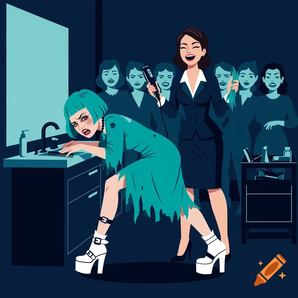 An illustration of a rockabilly woman in a torn dress grimacing over a sink as a business woman laughs, cutting her teal hair with clippers, surrounded by jeering women.