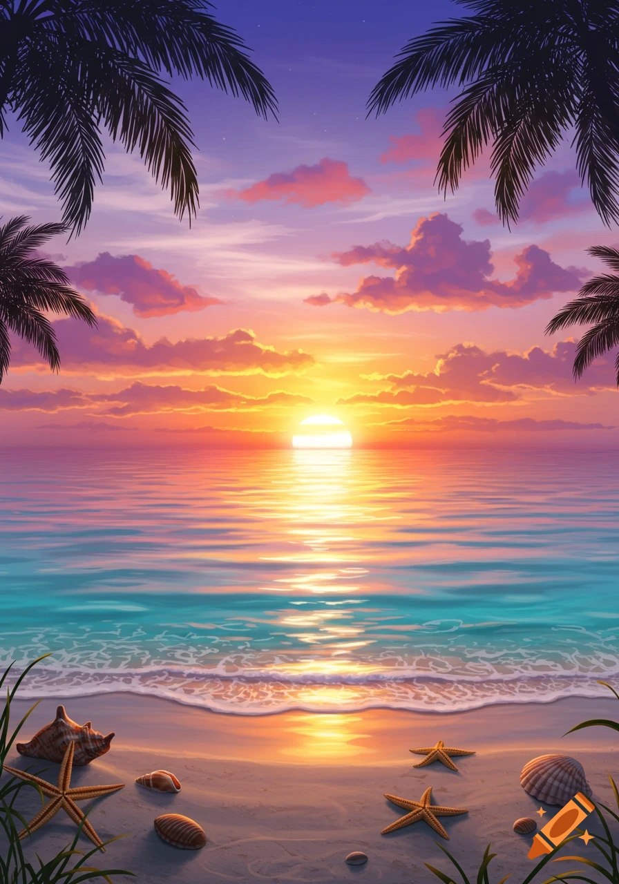 A vibrant sunset over a tranquil tropical beach with palm trees silhouetted against the colorful sky, calm ocean waters, and seashells on the sand.
