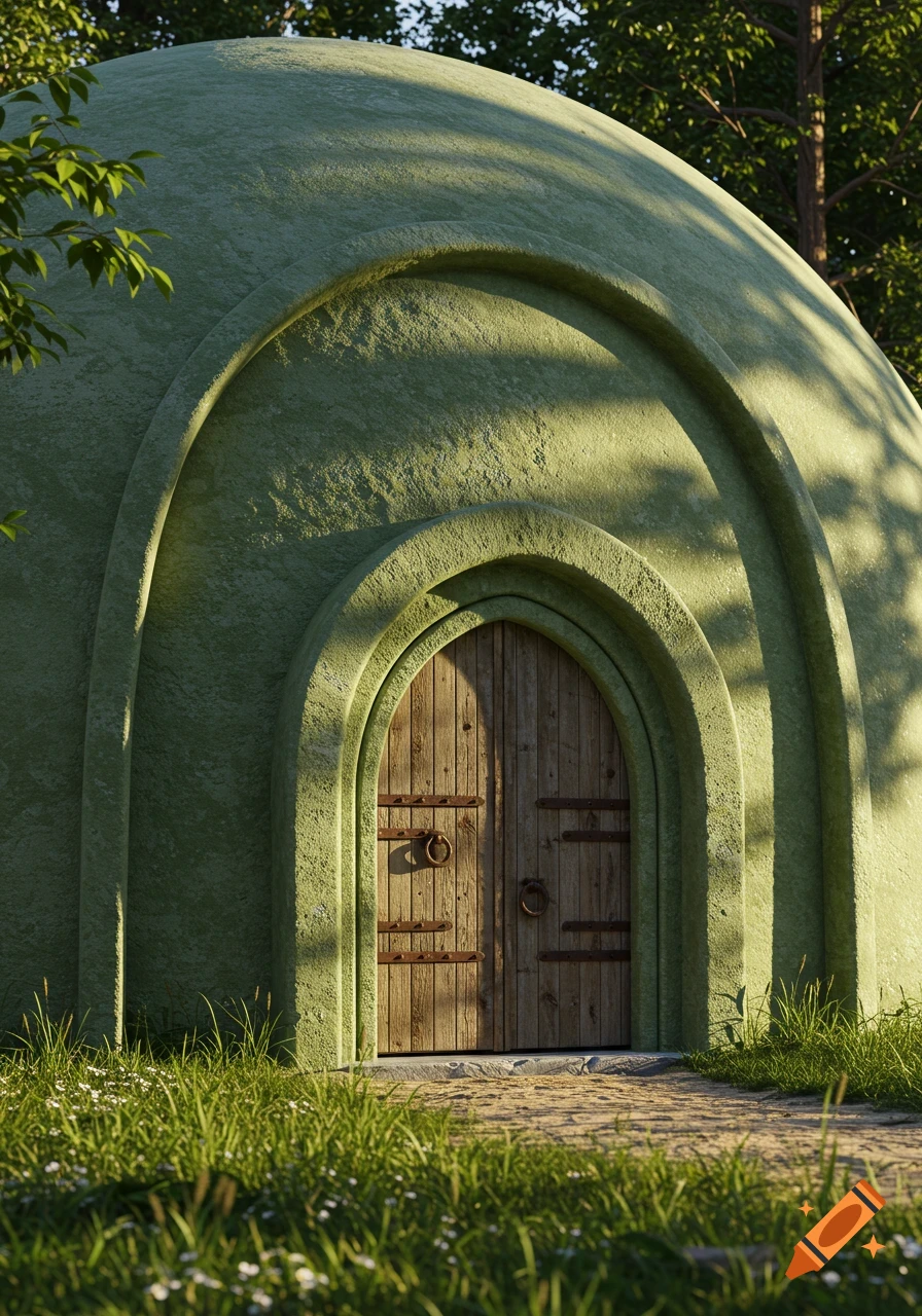 A realistic image of a sage green stucco dome house with an arched wooden door, surrounded by green grass and trees under sunlight.