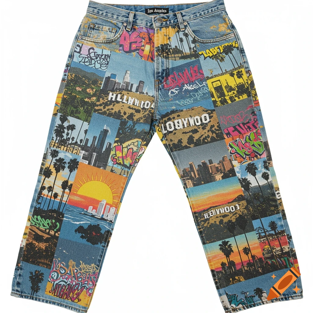 A pair of light wash baggy jeans covered in a collage print featuring various Los Angeles landmarks, cityscapes, palm trees, sunsets, and graffiti.