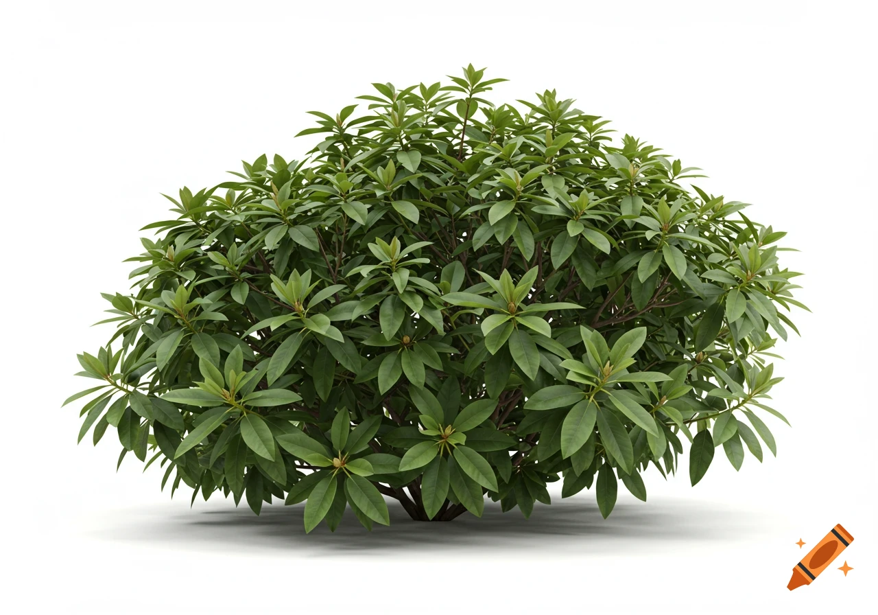 A photorealistic green rhododendron bush isolated on a white background.