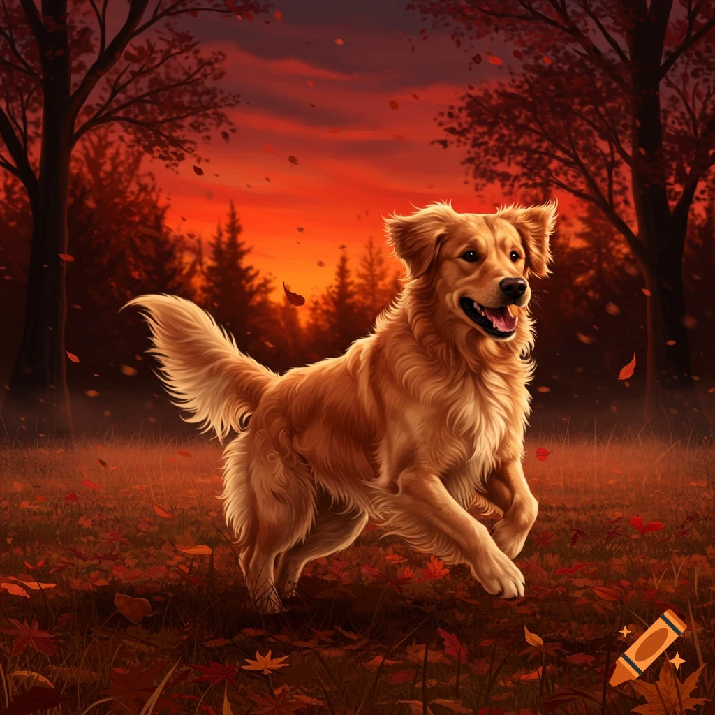 A happy golden retriever runs through a forest filled with red and orange autumn leaves under a sunset sky.