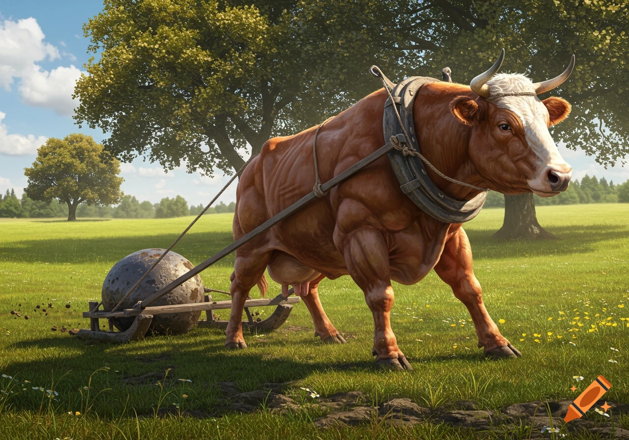 A very muscular brown and white cow pulls a large metal ball on a wooden sled across a sunny green field with trees in the background, in a photorealistic style.