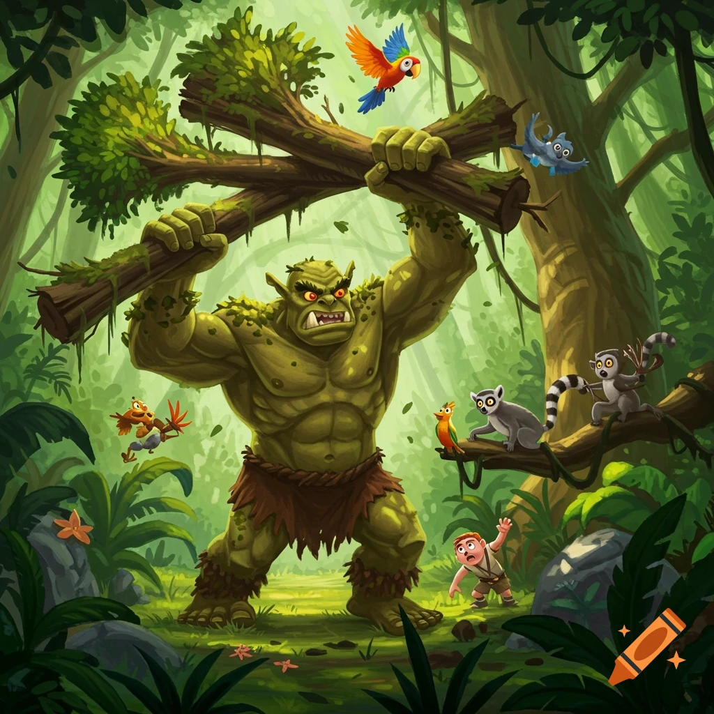 A large, green muscular ogre lifts two trees in a lush jungle, as small, frightened cartoon animals and a boy scatter and look on in fear.