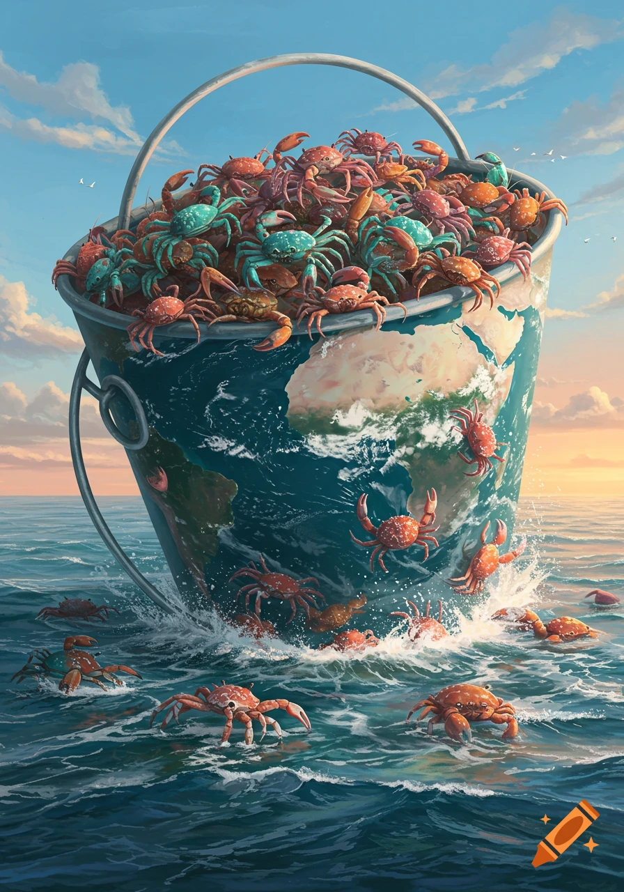 An Earth-shaped bucket overflows with colorful crabs, floating in the ocean as some crabs splash into the water.