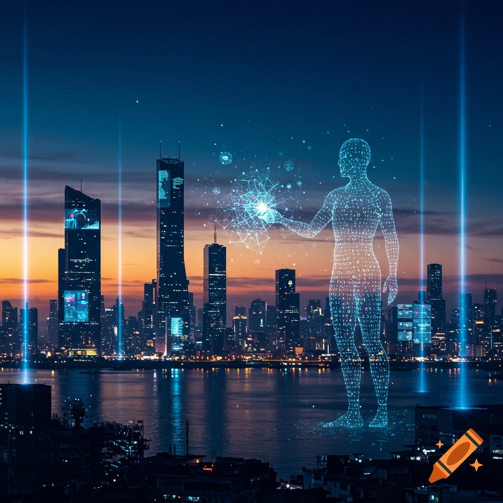 A glowing, wireframe human figure interacts with digital data, standing over a futuristic city skyline at dusk with blue light beams.