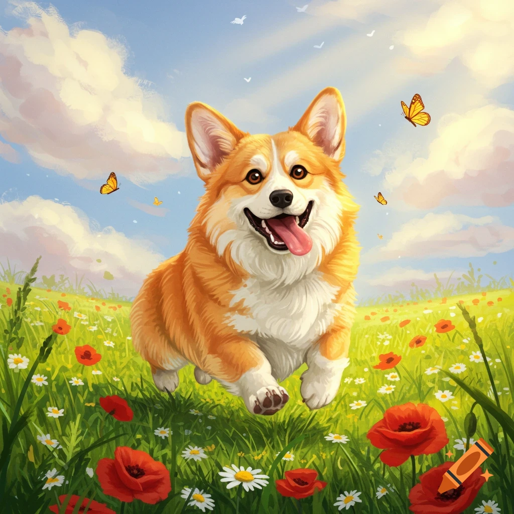 A happy corgi dog bounds through a sunny field of red poppies and white daisies under a blue sky, illustrated.