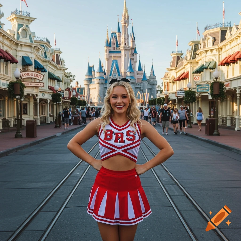 A smiling woman in a red and white cheerleader uniform stands on a street with a castle in the background at Walt Disney World.