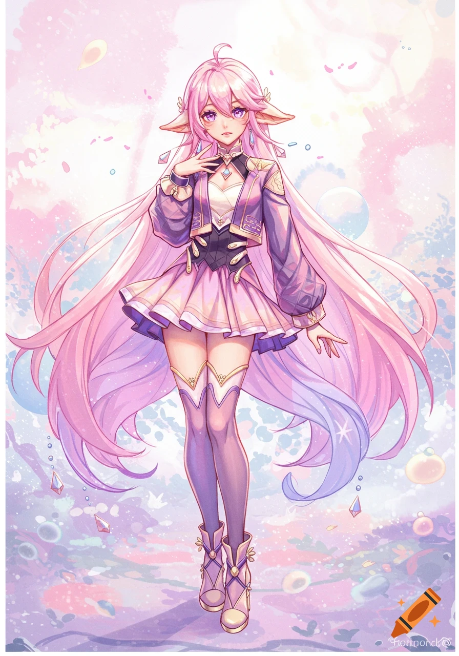 An anime girl with long pink hair and elf ears, wearing a purple and white dress, floating in a magical, pastel-colored background.