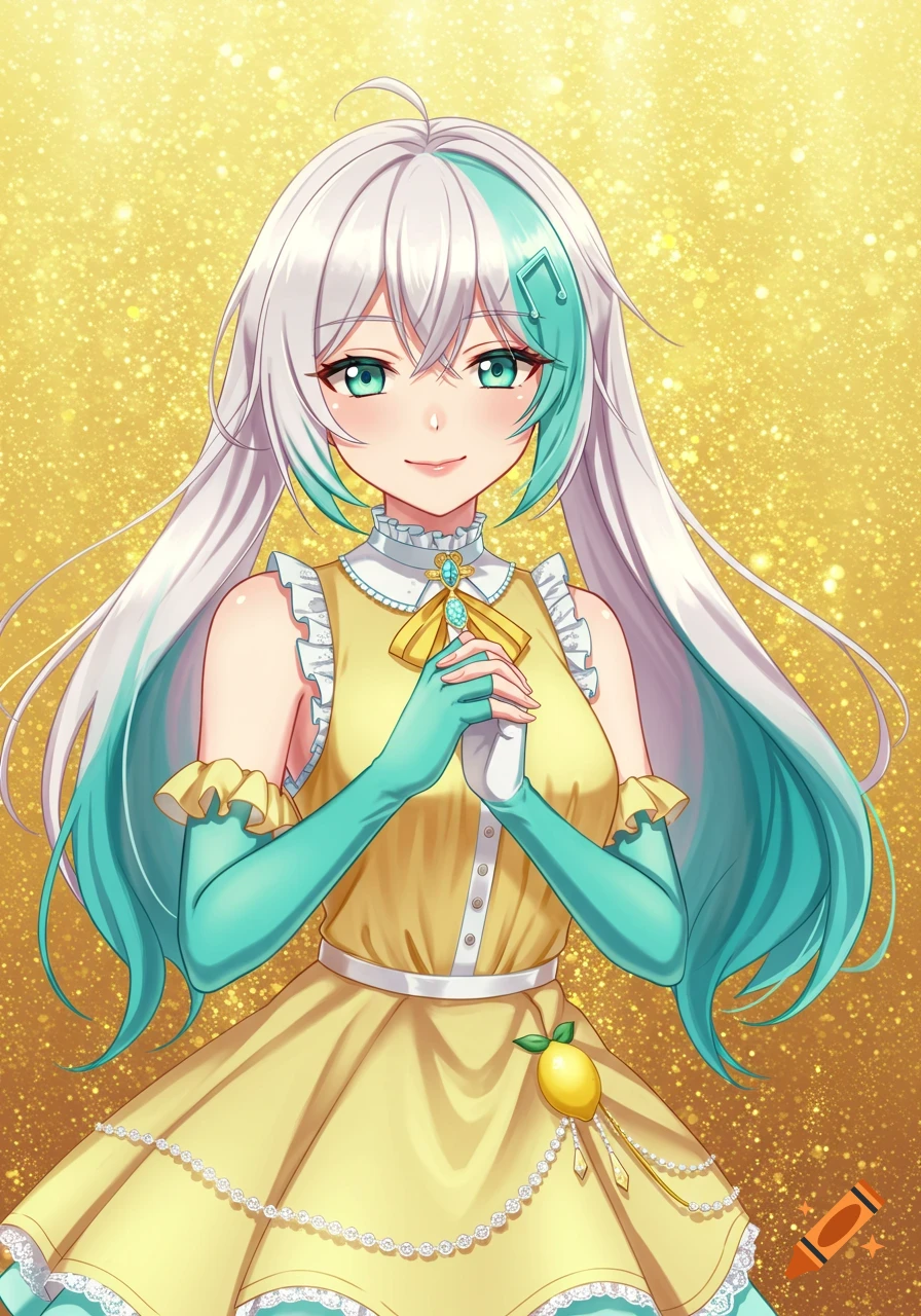 An anime girl with long white and teal hair, wearing a yellow dress, teal gloves, and a treble clef hair clip against a sparkly yellow background.