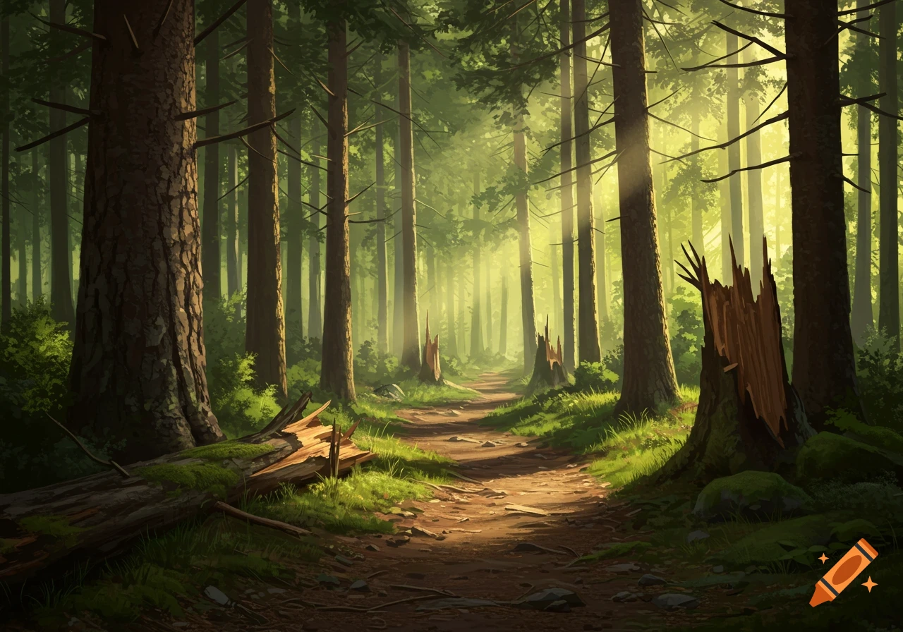 A sunlit path winds through a dense forest with tall trees and fallen logs in an illustrated style.