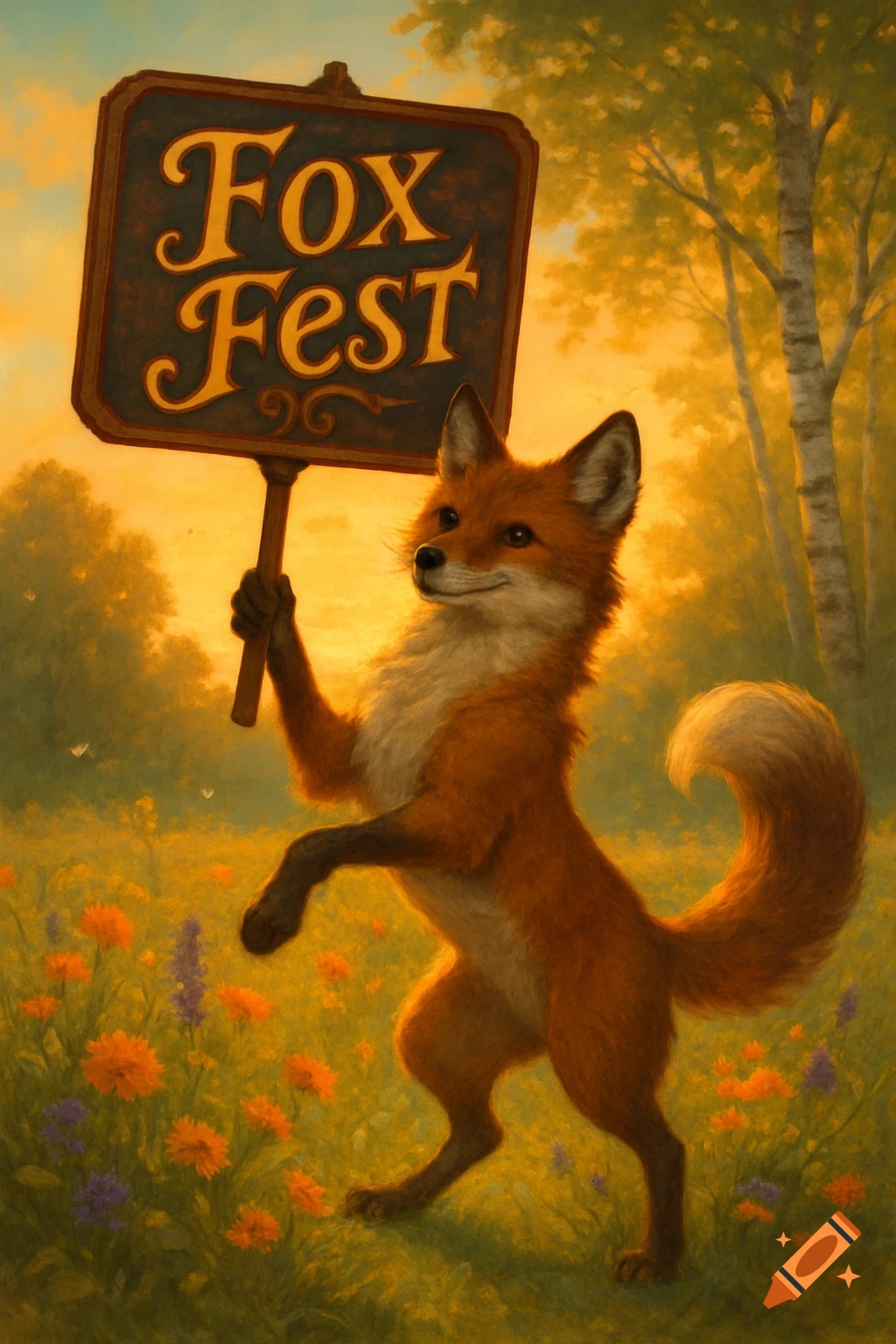 A smiling red fox stands in a field of wildflowers, holding a 'Fox Fest' sign at sunset.