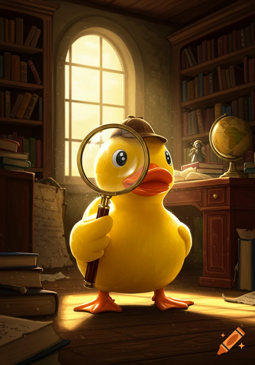 A cute yellow rubber duck wearing a fedora, holding a magnifying glass in a library with bookshelves and a sunny window.