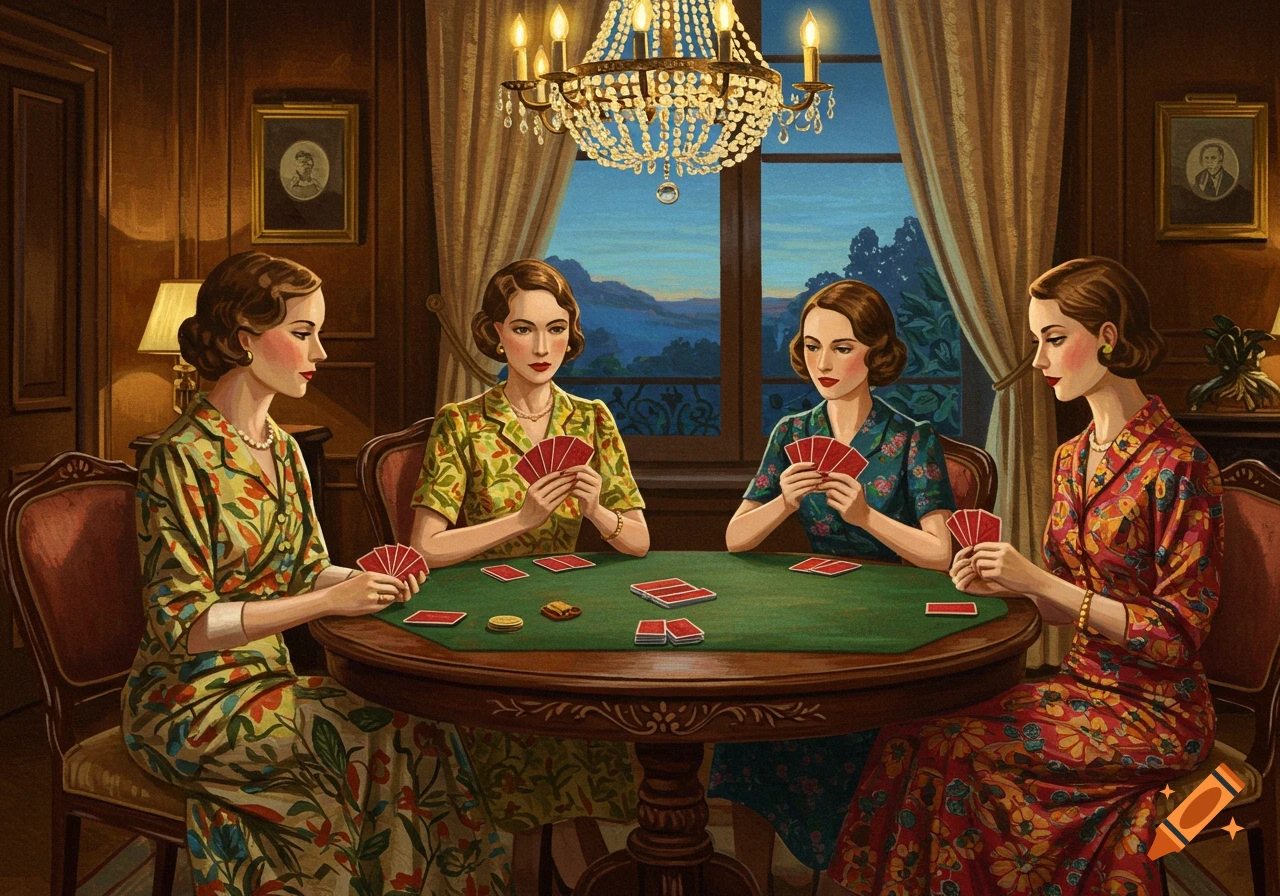 Four women in vintage dresses play cards at a green-topped table in a well-lit, ornate room with a chandelier and large window showing a landscape.