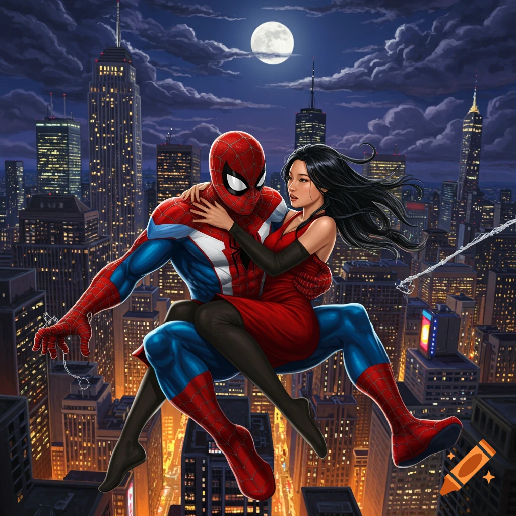 Spider-Man embraces a woman as they swing through a city at night under a full moon, in a comic art style.