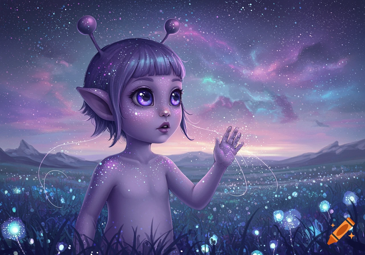 A cute, purple alien child with large eyes and antennae stands in a field of glowing flowers under a starry, nebula-filled sky.
