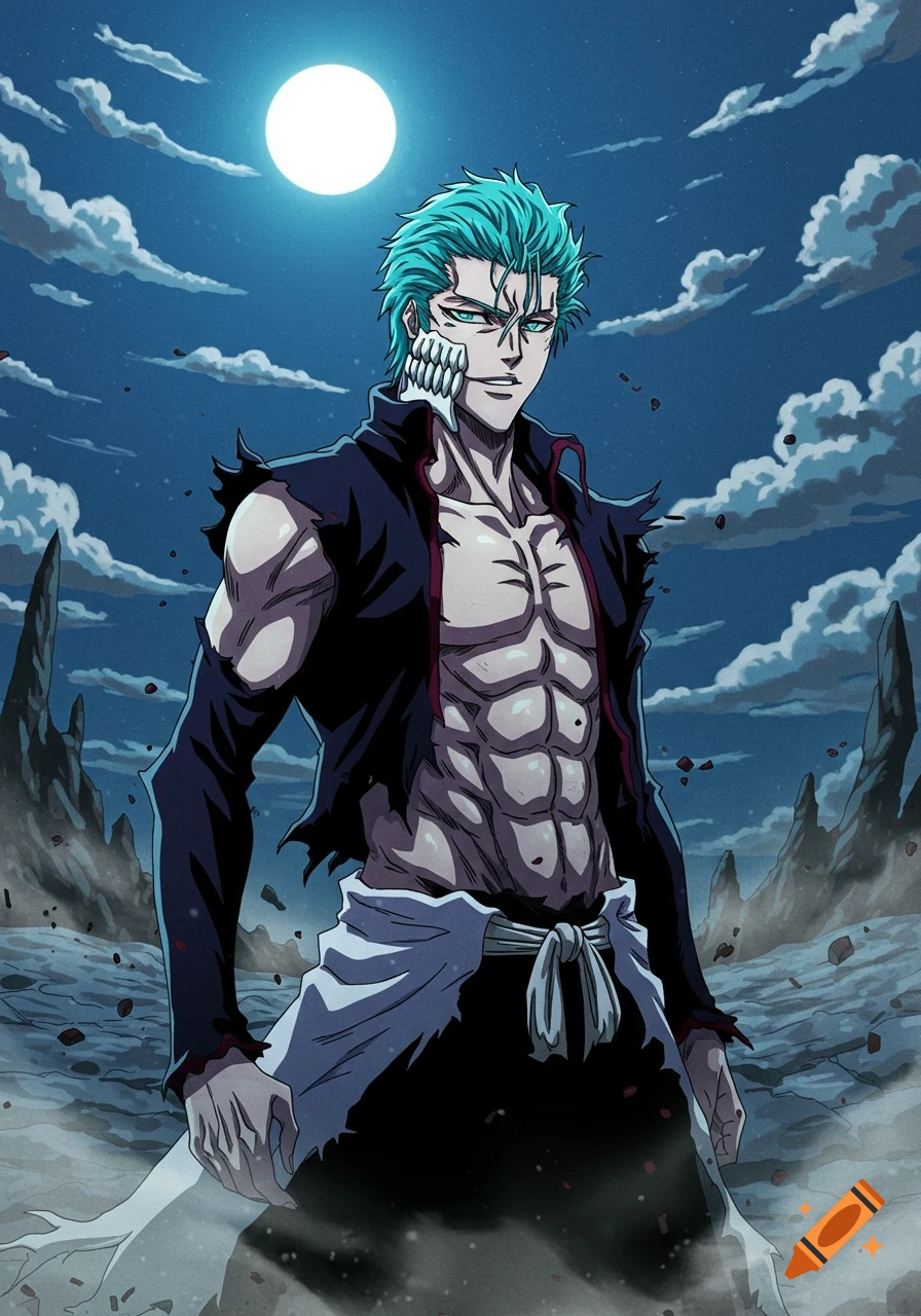 Anime character Grimmjow Jaegerjaquez with teal hair and abs, under a full moon in a rocky landscape.