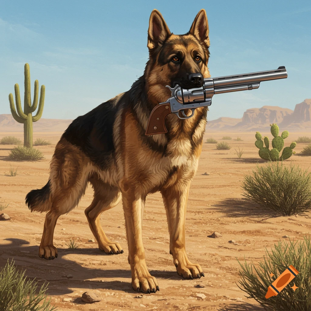 A German Shepherd dog holding a large revolver in its mouth stands in a desert landscape.