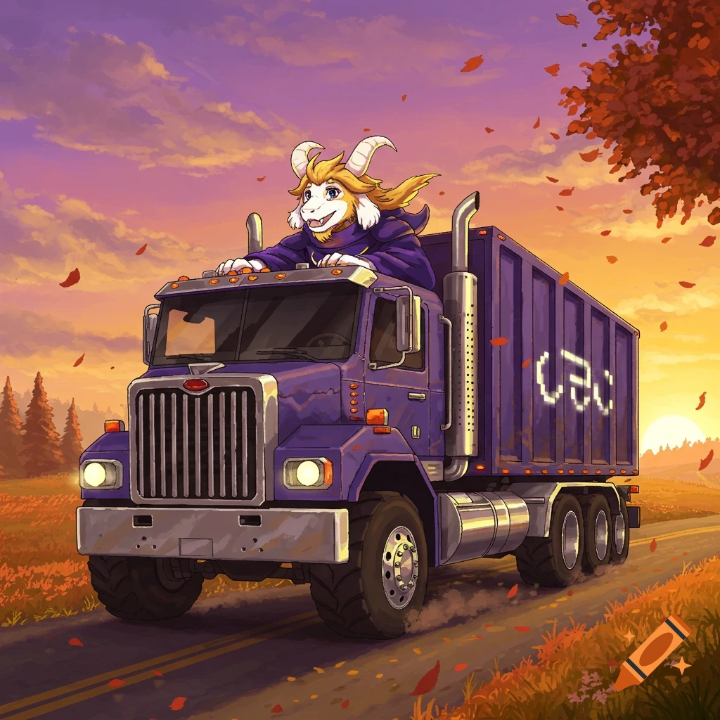 Asgore, a goat-like monster in a purple robe, drives a purple semi-truck on an autumn road at sunset.