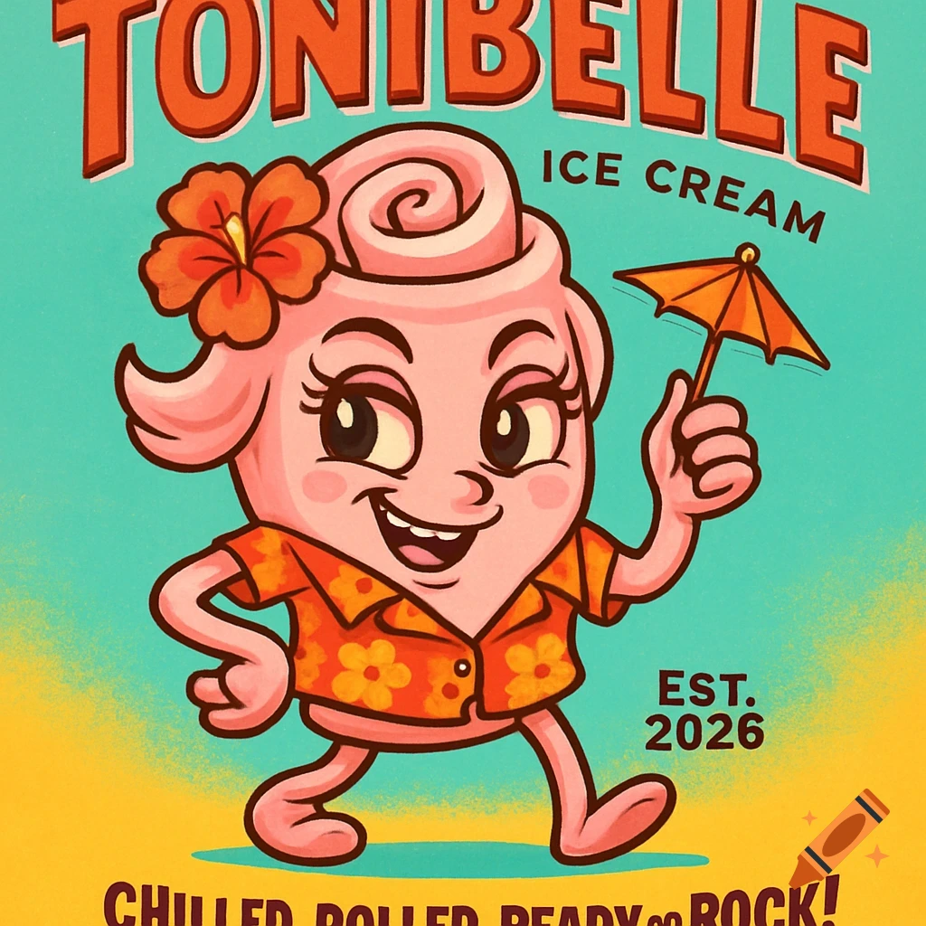 A cartoon pink rolled ice cream mascot named Tonibelle, in a Hawaiian shirt, holding a parasol, with brand text.