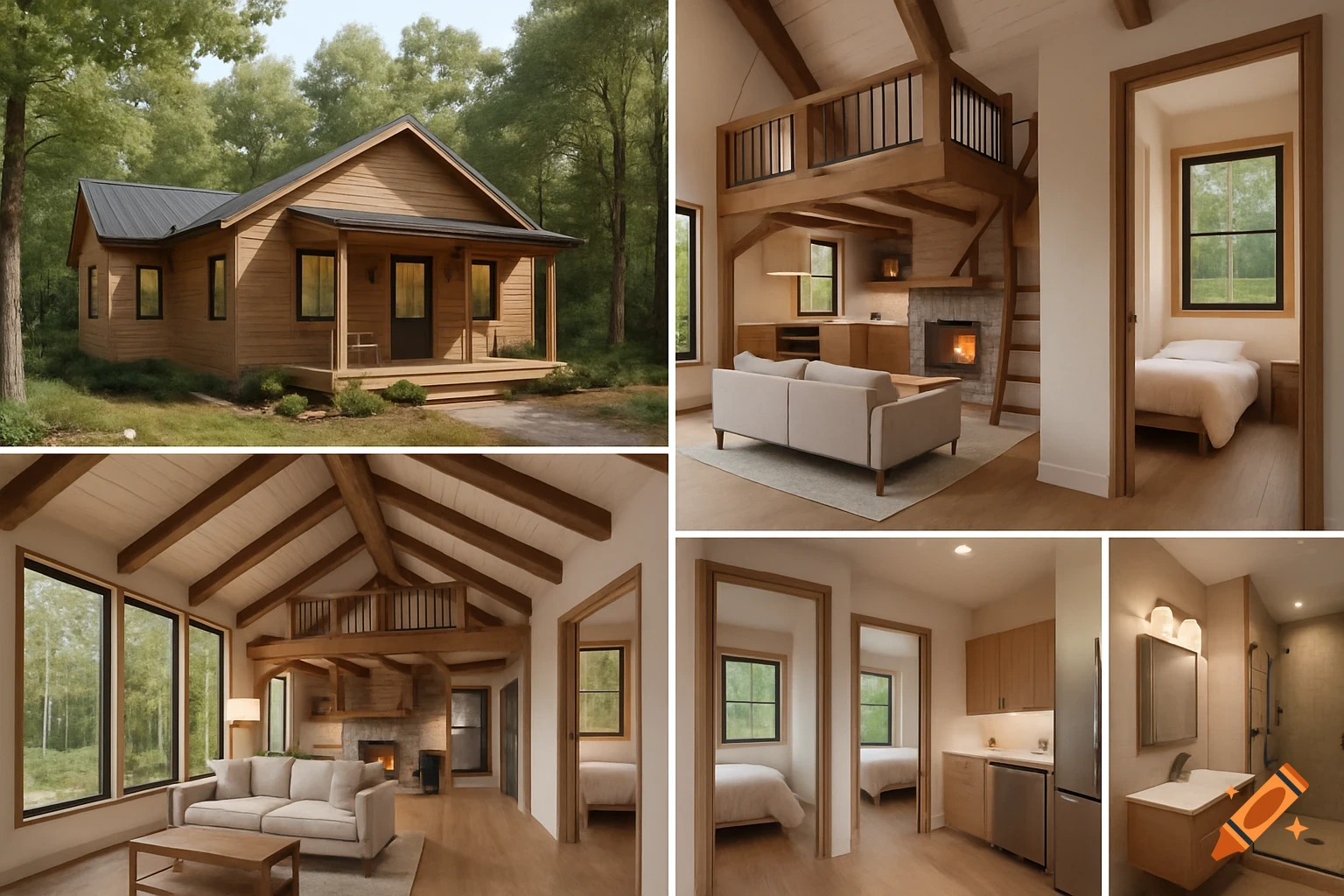 Multiple views of a rustic modern cabin, including its exterior in a forest, and interior shots of the living room with a loft, bedroom, kitchen, and bathroom.