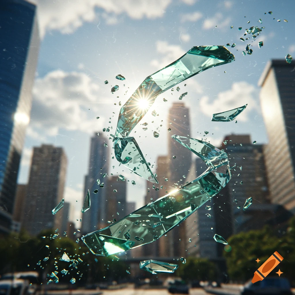 Photorealistic image of shimmering shattered glass shards suspended in mid-air against a blurred city skyline, with sun rays piercing through.