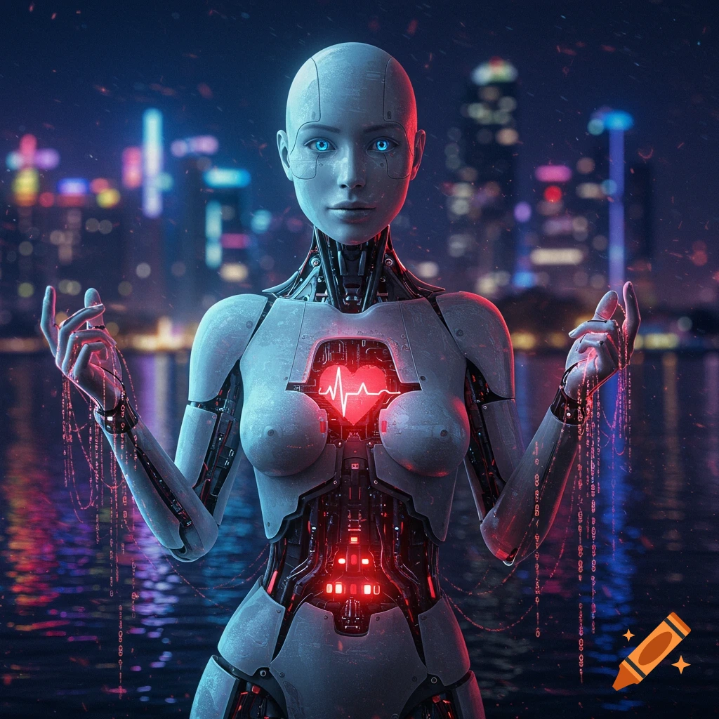 Photorealistic image of a female robot with a glowing red heart core and binary code streams, against a cyberpunk city skyline at night.