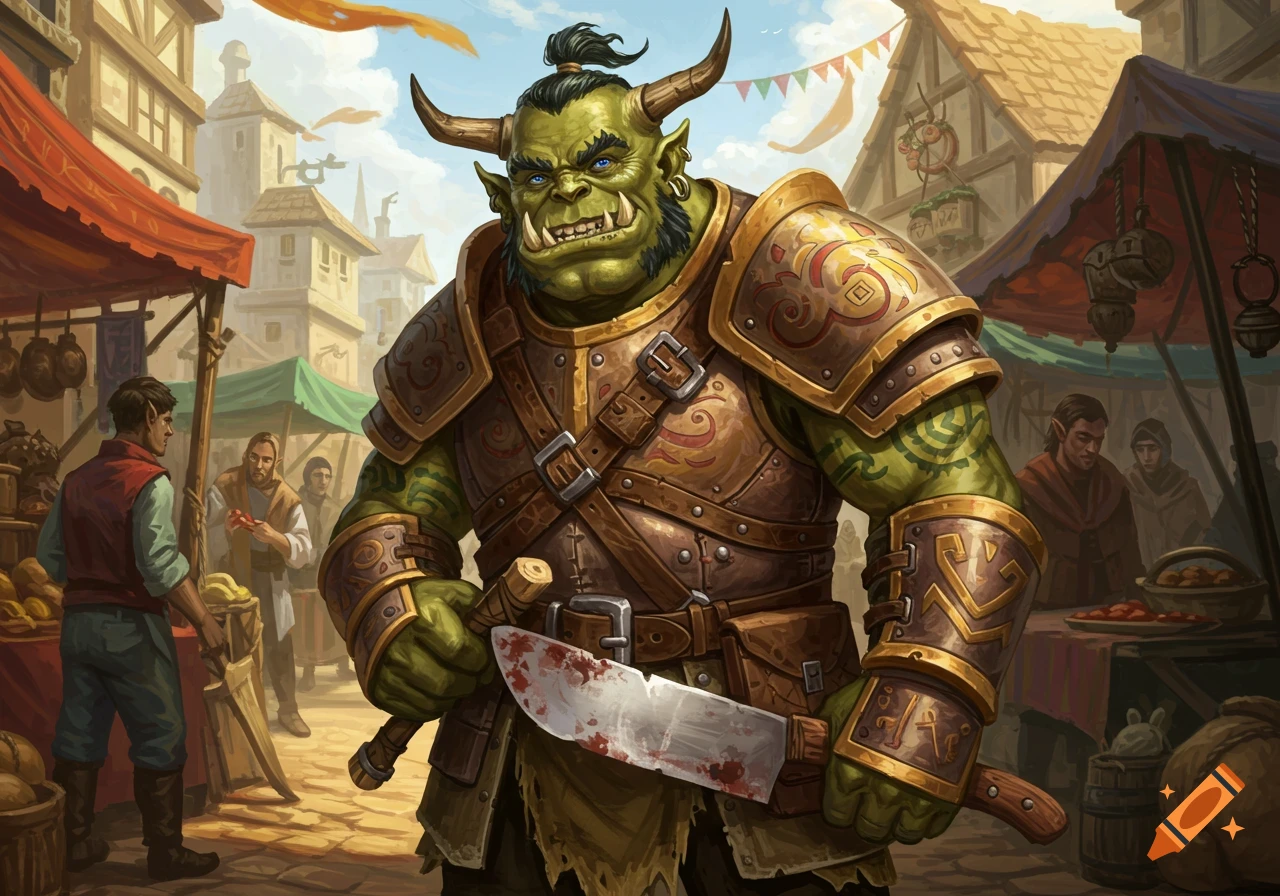 A powerful green orc warrior with tusks and armor stands in a bustling medieval market, holding a blood-stained cleaver.
