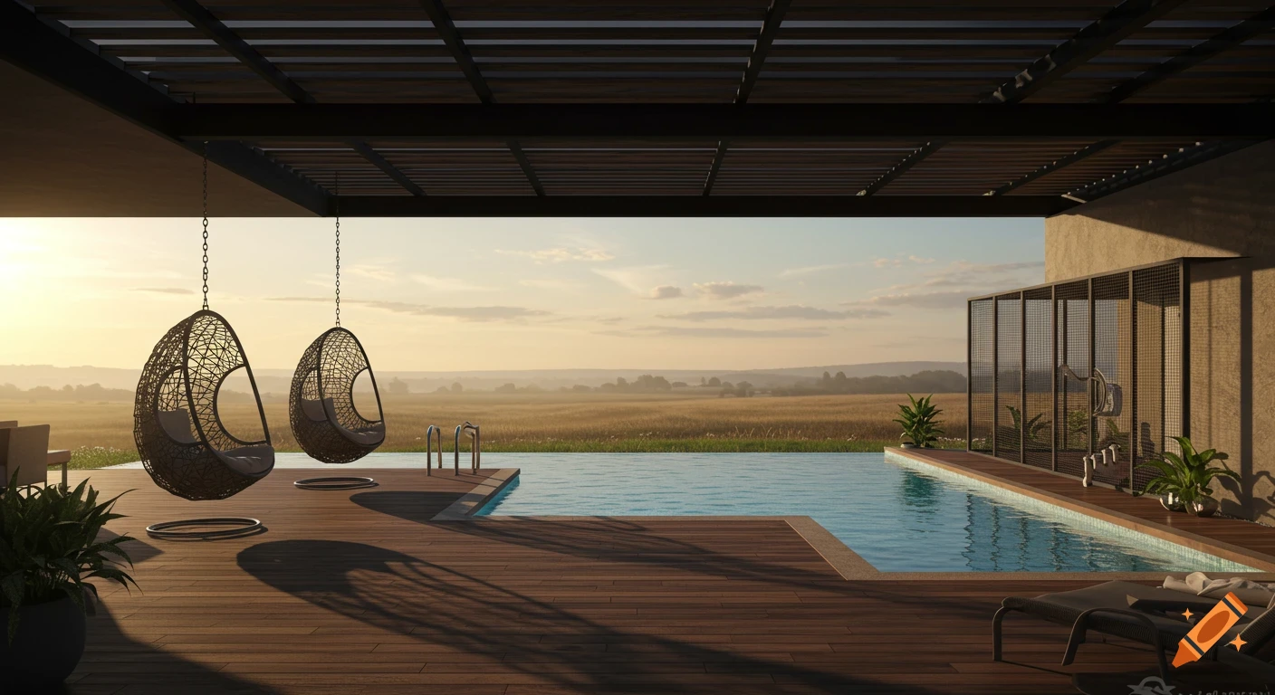 A modern back patio with a large pool, wooden deck, two hanging egg chairs, and a lounge chair, overlooking a vast golden field at sunset.