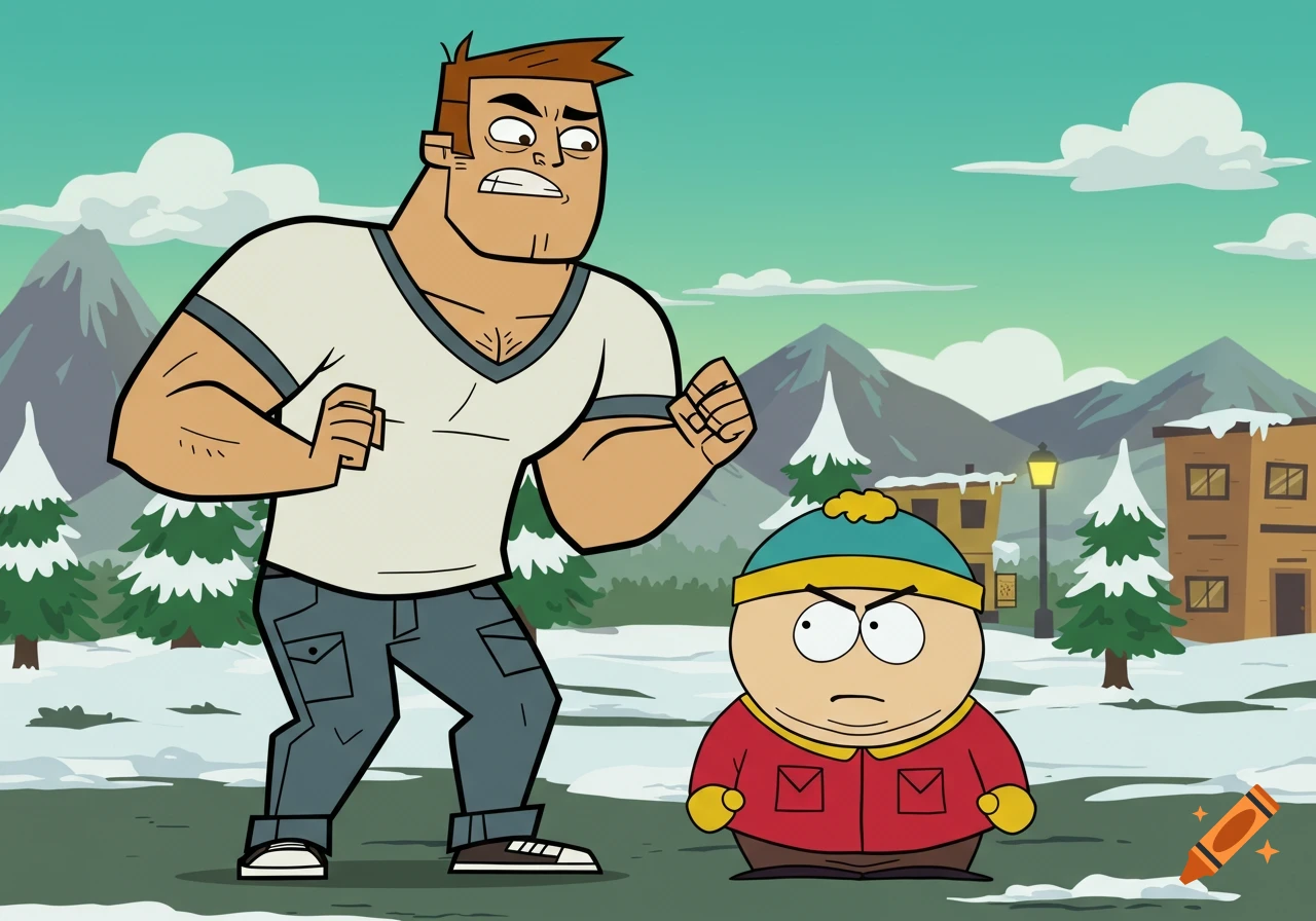 Owen from Total Drama and Cartman from South Park confront each other in a snowy mountain town.