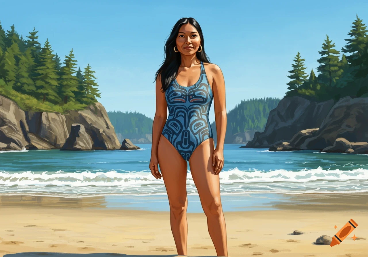 A woman in a blue swimsuit with Indigenous art patterns stands on a sunny beach with ocean, rocks, and trees in the background, in a digital painting style.
