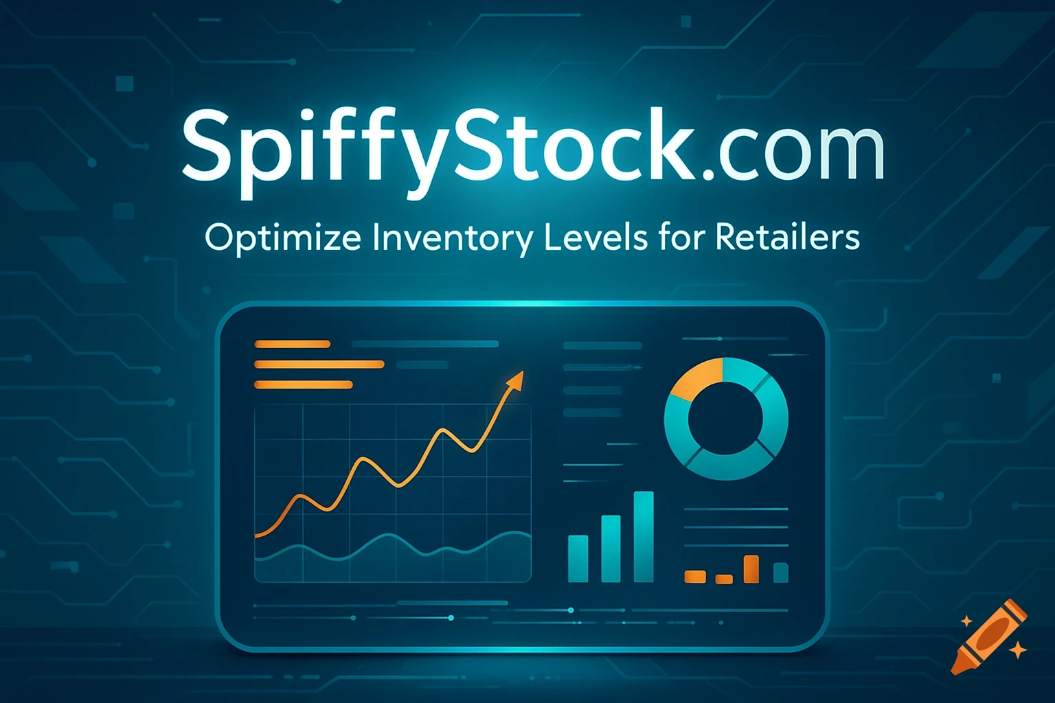 A blue banner for SpiffyStock.com with text 'Optimize Inventory Levels for Retailers' and a screen displaying data charts, including line and bar graphs.
