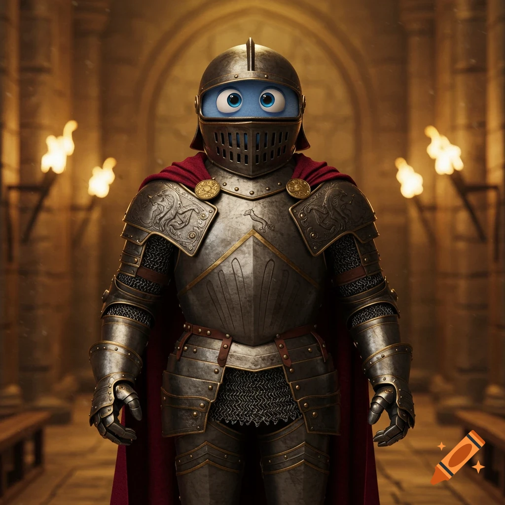 A blue cartoon character with googly eyes wears a medieval plate armor suit and red cape in a castle hall.