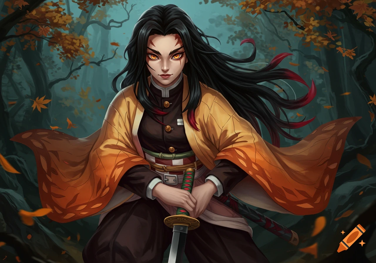 An anime-style female character with black hair and orange ends, orange eyes, and facial marks, wearing an orange haori, holding a katana in a dark, autumn forest.