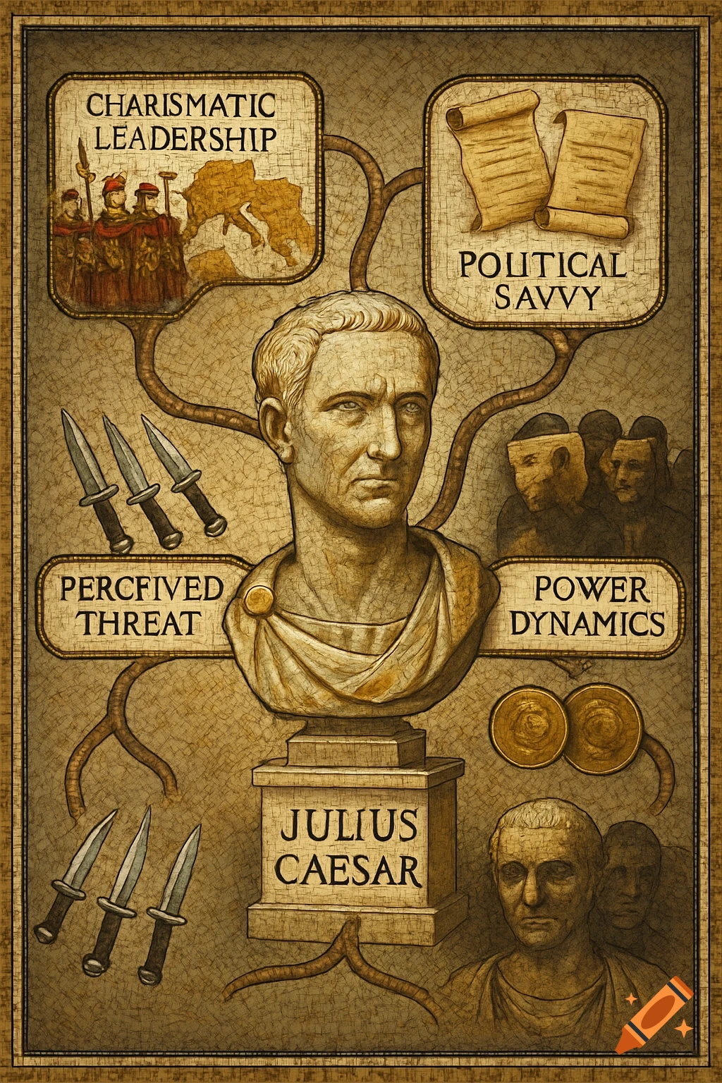 An infographic-style mind map featuring a bust of Julius Caesar at the center, surrounded by interconnected boxes with text and illustrations representing his leadership, politics, and perceived threats. The background has a mosaic-like texture.