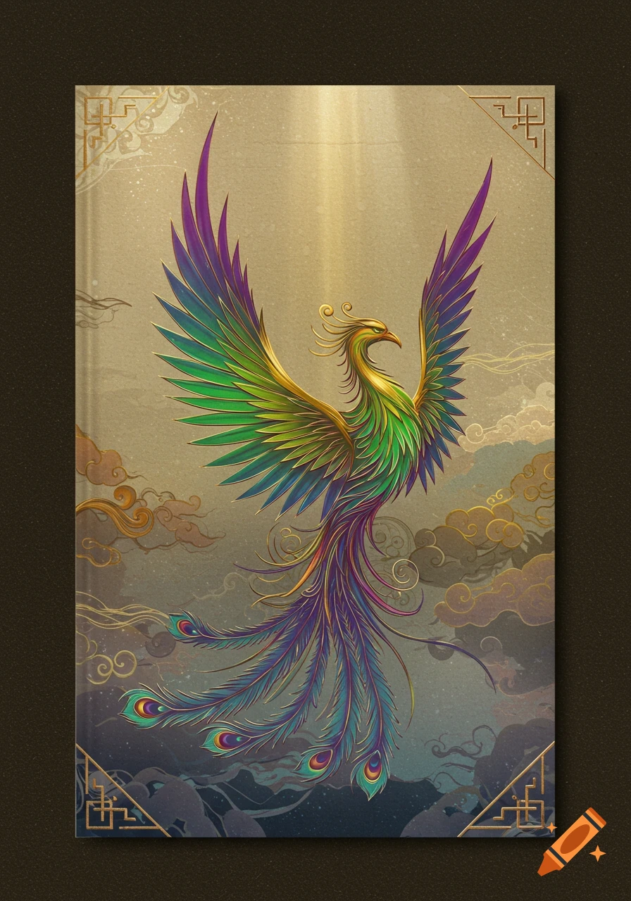 A vibrant, colorful phoenix with spread wings, set against a golden and blue sky with clouds, in an ornate mythological illustration style.