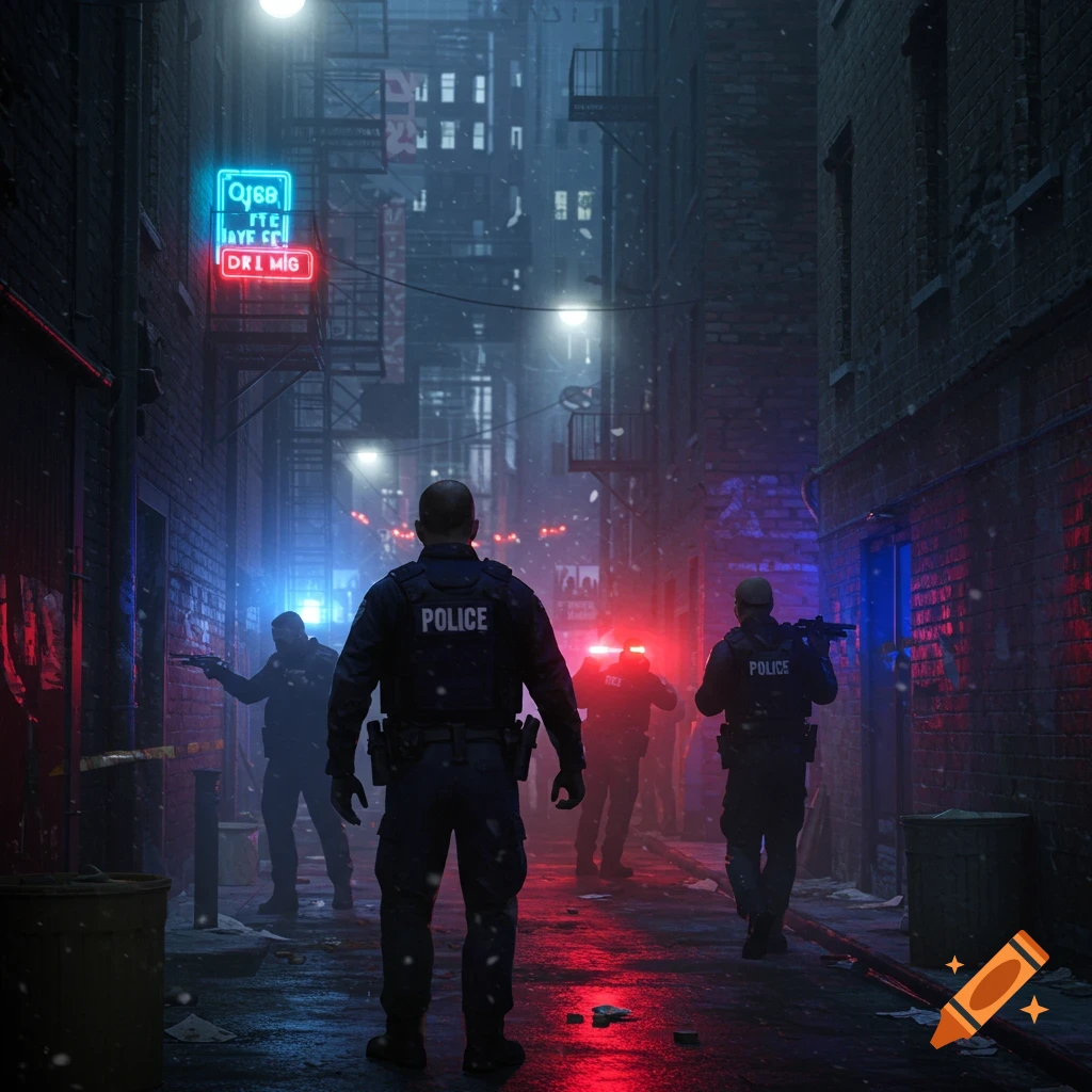 Photorealistic image of police officers in a dark, wet city alleyway with neon lights and red and blue police car lights.