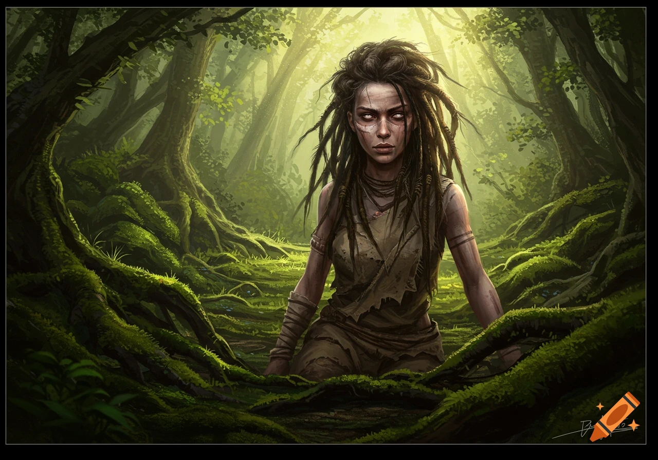 A wild woman with dreadlocks and white eyes emerges from a vibrant, mossy forest, in a fantasy art style.