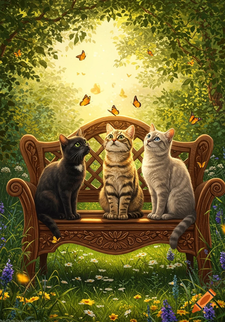 Three cats sit on a wooden bench in a sunlit garden, looking up at butterflies flying among the trees.