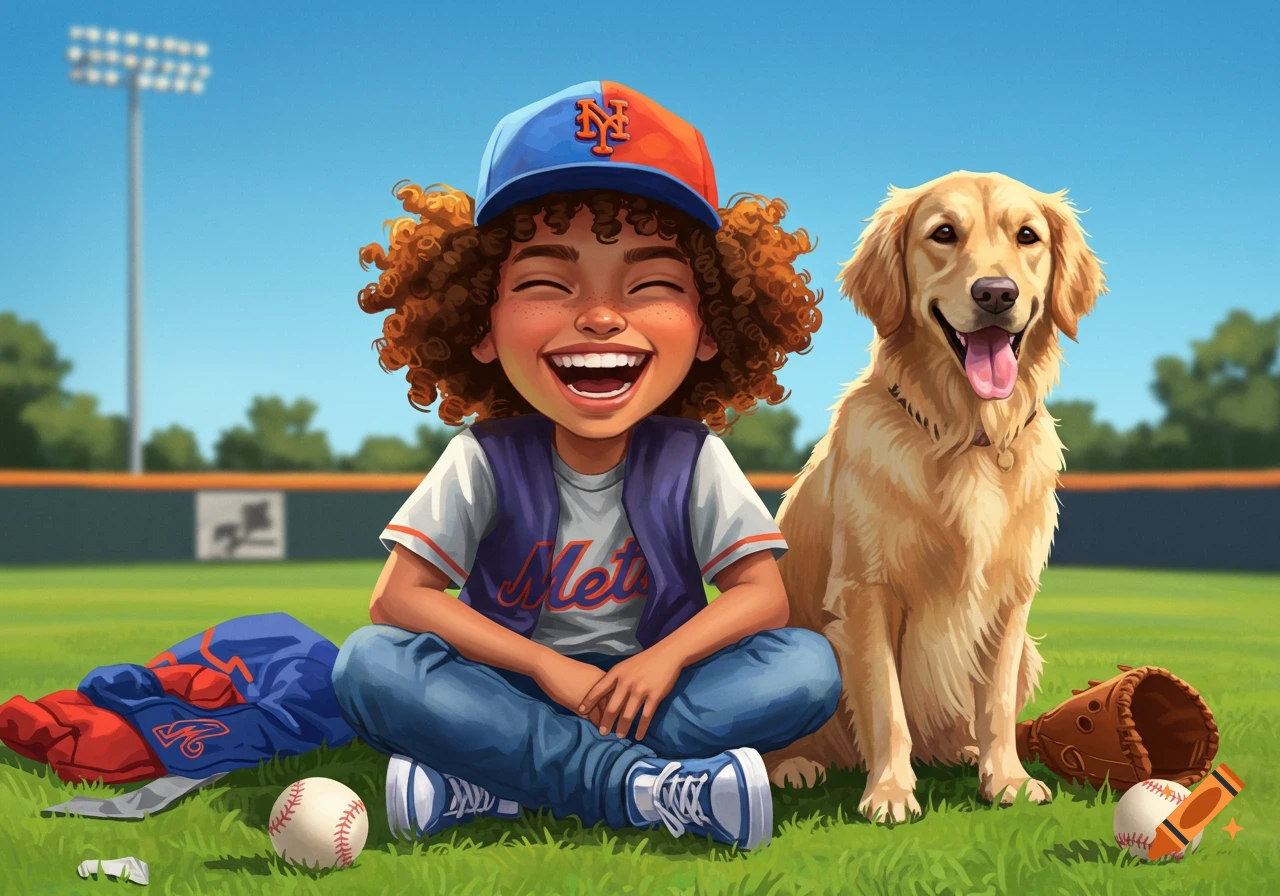 A happy child with curly hair wearing a Mets hat and shirt sits laughing on a baseball field with a golden retriever, baseballs, and a glove.
