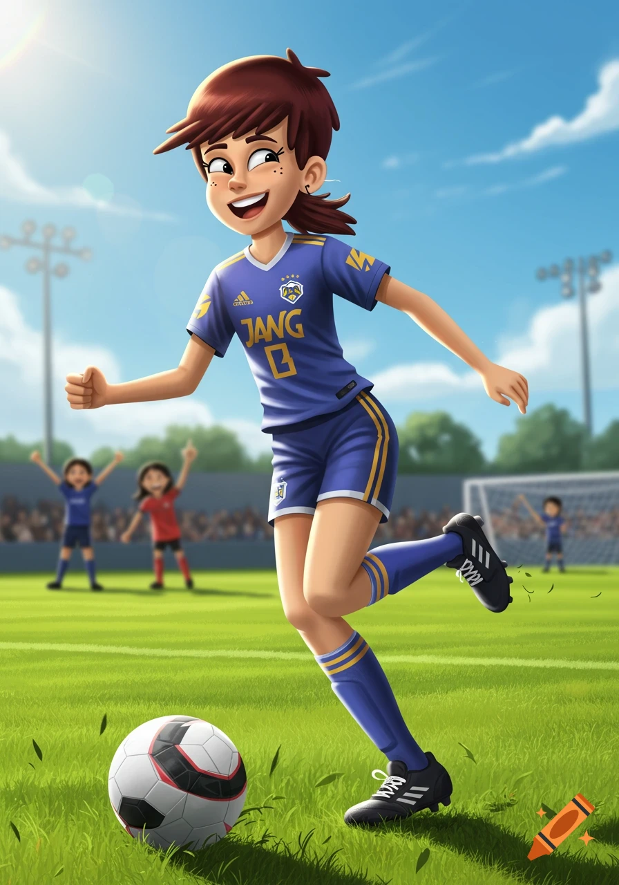 An illustration of a cheerful girl in a blue soccer uniform dribbling a ball on a green field under a sunny sky.