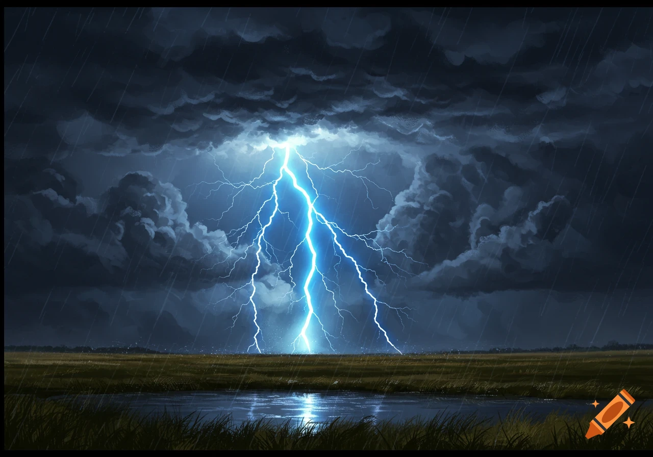 A vibrant blue lightning bolt strikes a dark, stormy sky over a flat, grassy landscape with a body of water reflecting the light.