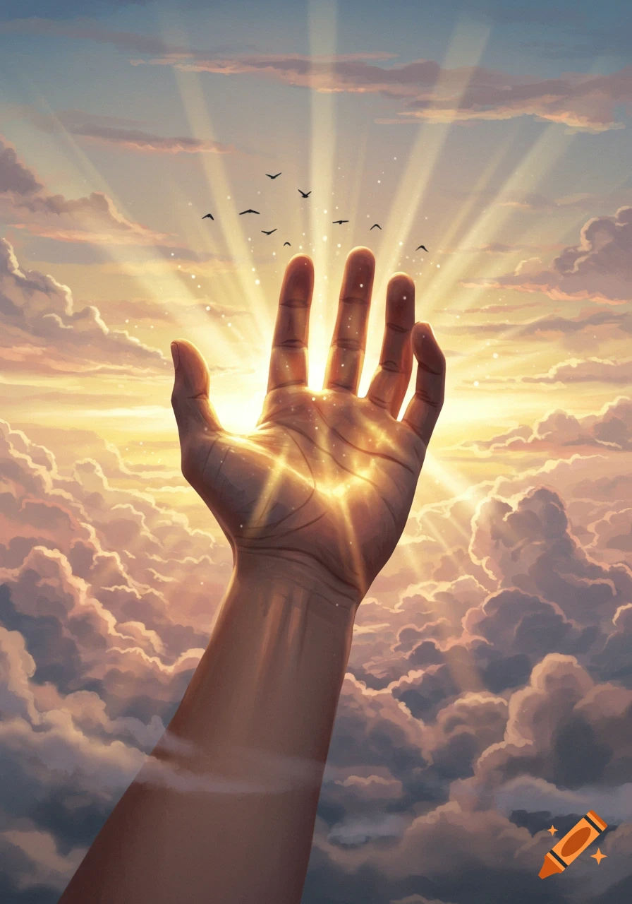 A large hand reaches up towards a golden sky with sun rays beaming down through clouds and silhouetted birds flying.