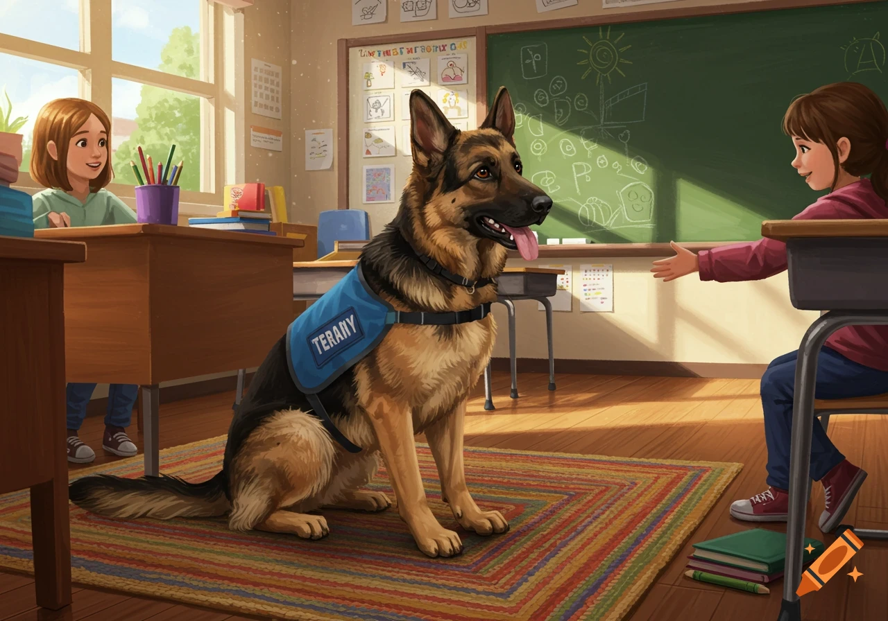 A German Shepherd therapy dog in a blue vest sits on a colorful rug in a bright classroom, looking towards two smiling children at desks.