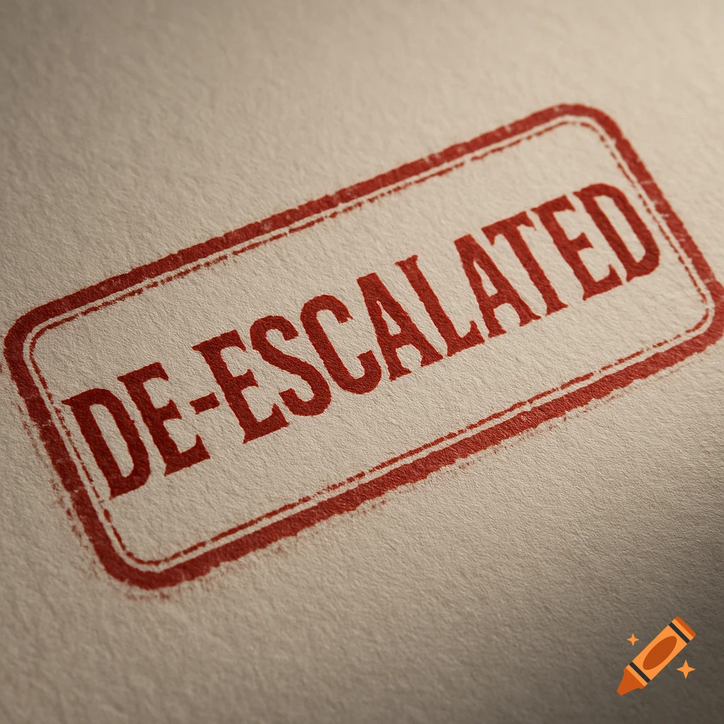 A red rectangular stamp mark reading 'DE-ESCALATED' on light-colored textured paper.