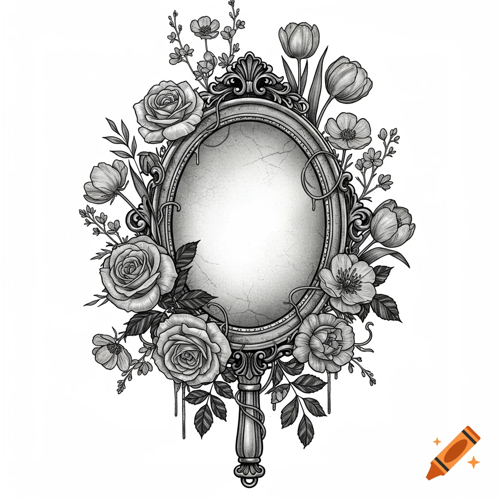 A black and white illustration of an ornate oval antique mirror, framed by lush roses, tulips, and other flowers and vines.