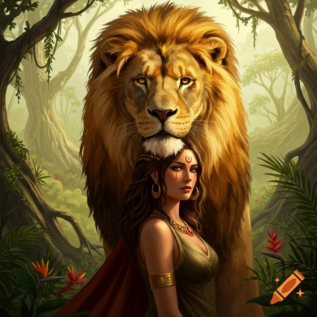 A woman with face paint and a crescent moon symbol stands in a jungle, a majestic lion's head behind and above her.
