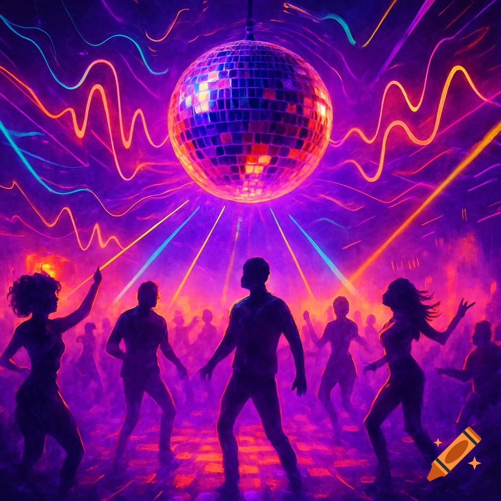 Silhouetted people dancing under a large disco ball with vibrant neon lights and laser beams in a club.