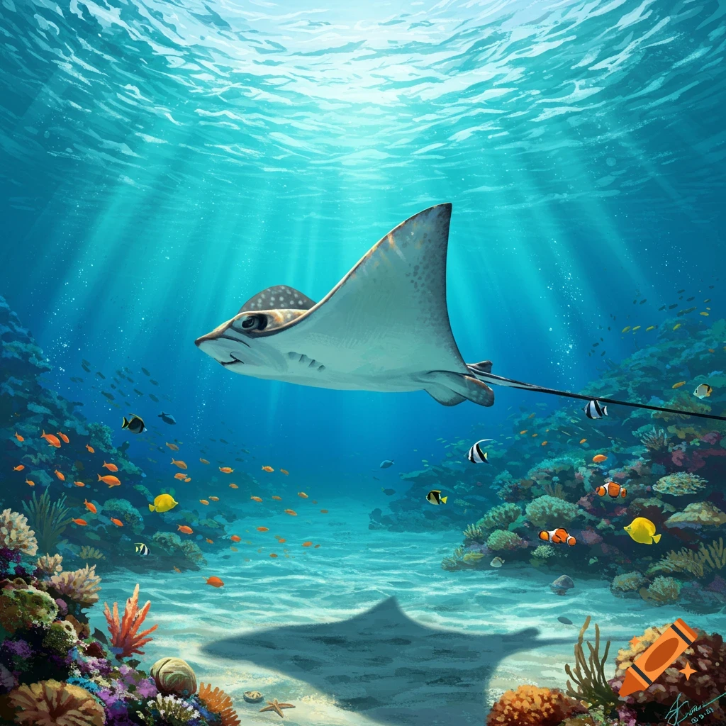 A large stingray swims over a sandy bottom in a vibrant coral reef with many small fish and sunlight filtering from above, in an illustrative style.